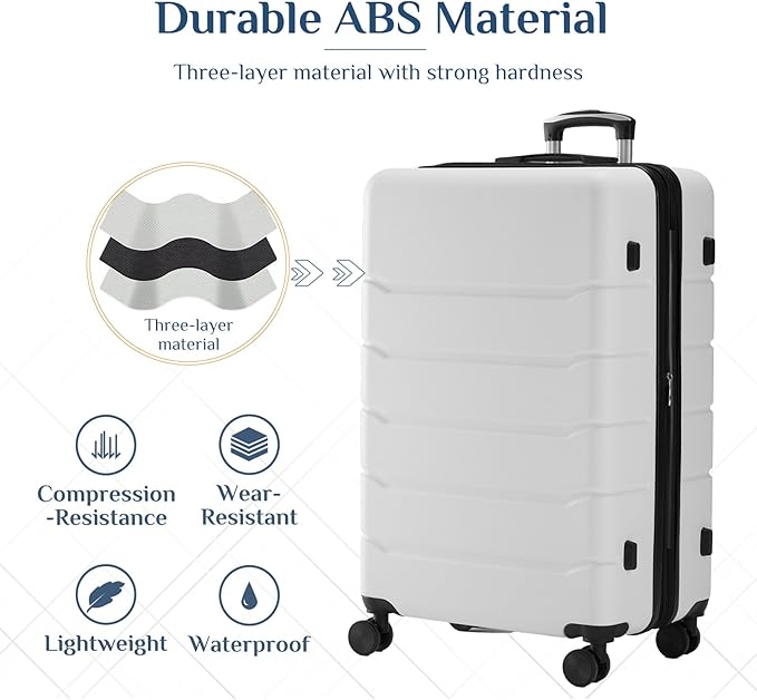 OLIXIS 3-Piece Luggage Set, Carry On Suitcases with Spinner Wheels, Expandable Travel Luggage with TSA Approved Lock & ABS Hard Shell, White, 20/24/28 Inch