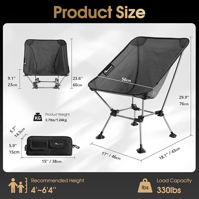 MOON LENCE High Back Folding Camping Chairs, Height-Adjustable, Widened Seat, for Beach with Anti-Sinking Feet (Onyx-Plus)