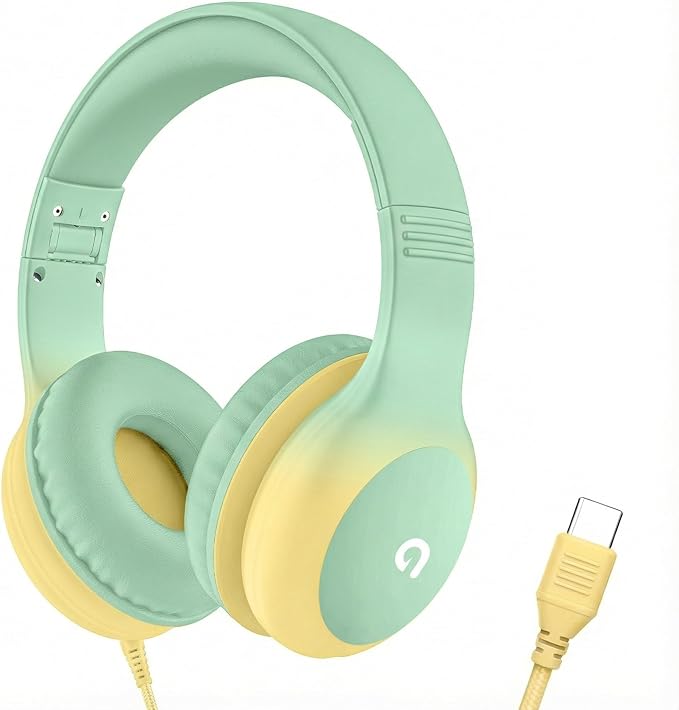 ADOOPE Wired Kids Headphones with USB C Plug, 85dB Safe Volume, Adjustable Headband, Tangle-Free Cord Headphones for School, Tablet, Travel (Mint Green & Cream Yellow, Without Microphone)