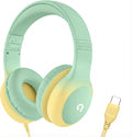 ADOOPE Wired Kids Headphones with USB C Plug, 85dB Safe Volume, Adjustable Headband, Tangle-Free Cord Headphones for School, Tablet, Travel (Mint Green & Cream Yellow, Without Microphone)