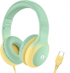 ADOOPE Wired Kids Headphones with USB C Plug, 85dB Safe Volume, Adjustable Headband, Tangle-Free Cord Headphones for School, Tablet, Travel (Mint Green & Cream Yellow, Without Microphone)