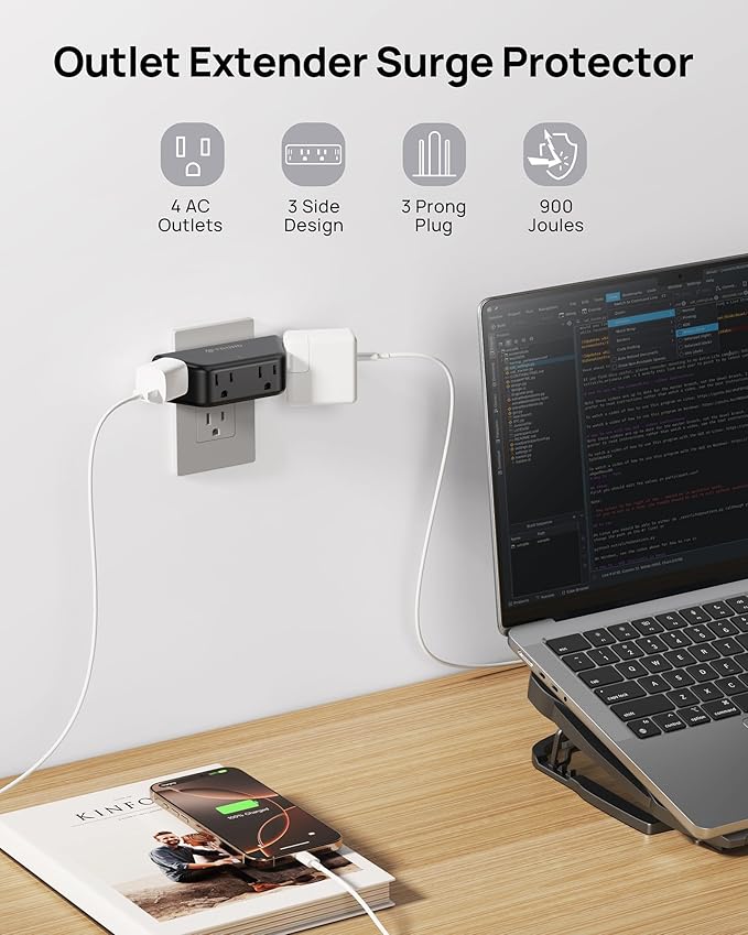 TROND Multi Plug Outlet Extender - Surge Protector Outlet Splitter with 4 Grounded Sockets, Angled Wall Plug Adapter, 900J, Multiple Wall Expander for Bathroom Kitchen Travel Dorm Room, Black