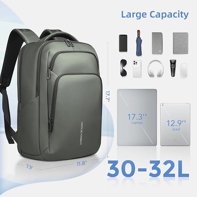 17.3 Inch Laptop Backpack for Travel Work Office College, 30L Water Resistant Casual Daypack, Lightweight Computer Backpack for Men Women, Business Laptop Bag with USB Charging Port - Green