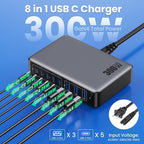 USB C Charger 300W USB C Charger Block,Upgraded GaN IV 8-Port Fast Charging Station Hub,PD 100W Laptop Charging Adapter Compatible with MacBook Pro/Air,DELL,Steam Deck,iPhone 16/15/14,Galaxy S23/22