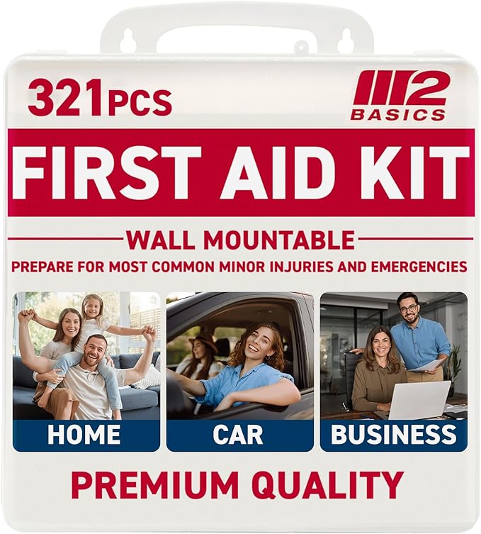 M2 BASICS 321 Piece First Aid Kit, Hard Case Emergency Medical Kit with Supplies for Home, Car, School, Office, Workplace