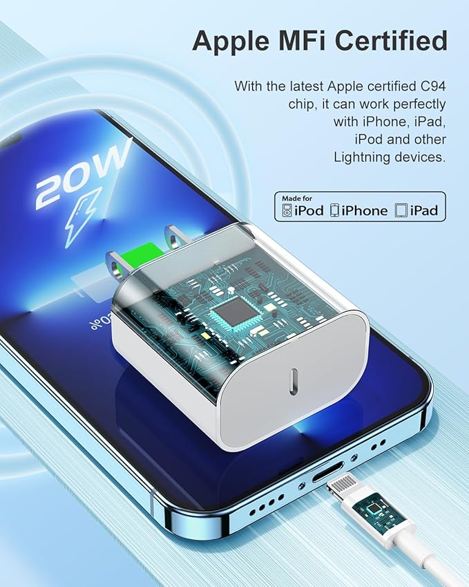 Susnwere 2Pack iPhone Charger Fast Charging,20W Fast PD USB C Wall Charger Adapter with 10Ft USB C to Lightning Cable Compatible for iPhone 14/14 Plus/14 Pro/14 Pro Max/13/ White