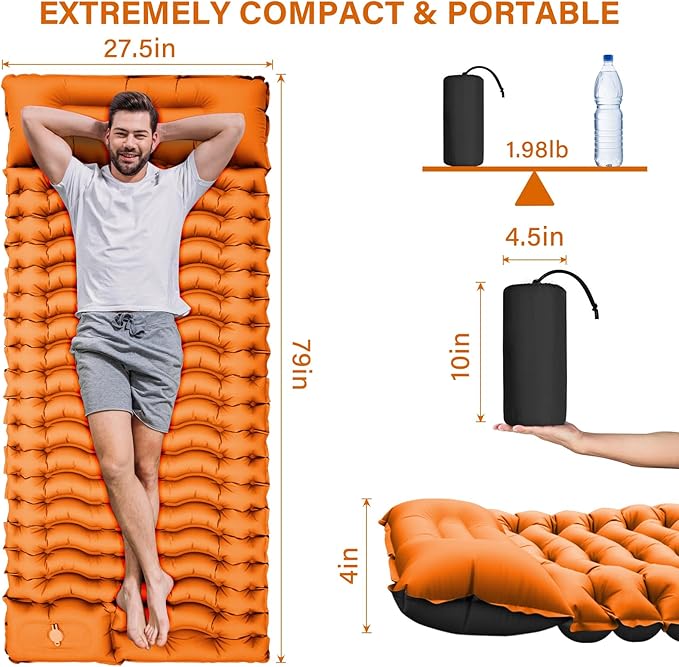 FUN PAC Camping Sleeping Pad, Ultralight Camping Mat with Pillow Built-in Foot Pump & Pillow, Upgraded Compact Camping Air Mattress for Tent, Backpacking-Orange