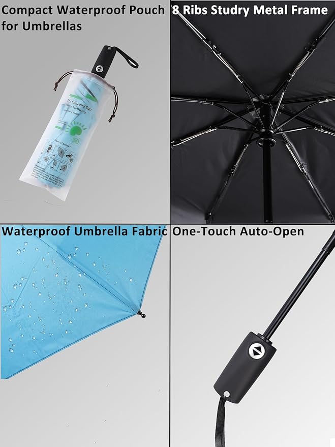 BAODINI Compact Travel Umbrella Small Windproof Auto Open Close for UV Sun Protection UPF 50+ and Rain Fits Backpack Purse & Suitcase