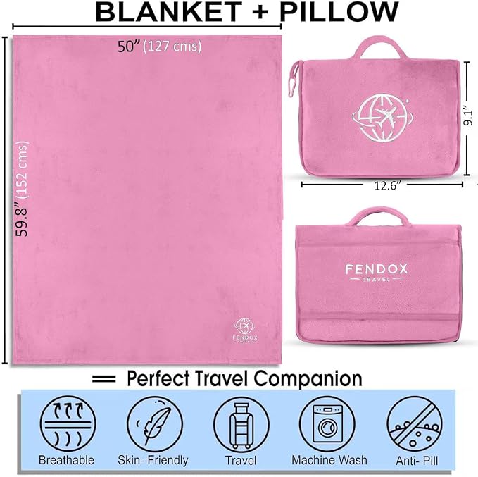 2-in-1 Travel Blanket and Pillow – Lightweight, Compact, Ultra Soft, Machine Washable – Handle, Luggage Sleeve, Backpack Clip – for Trave Airplane, Car, Office (light pink)