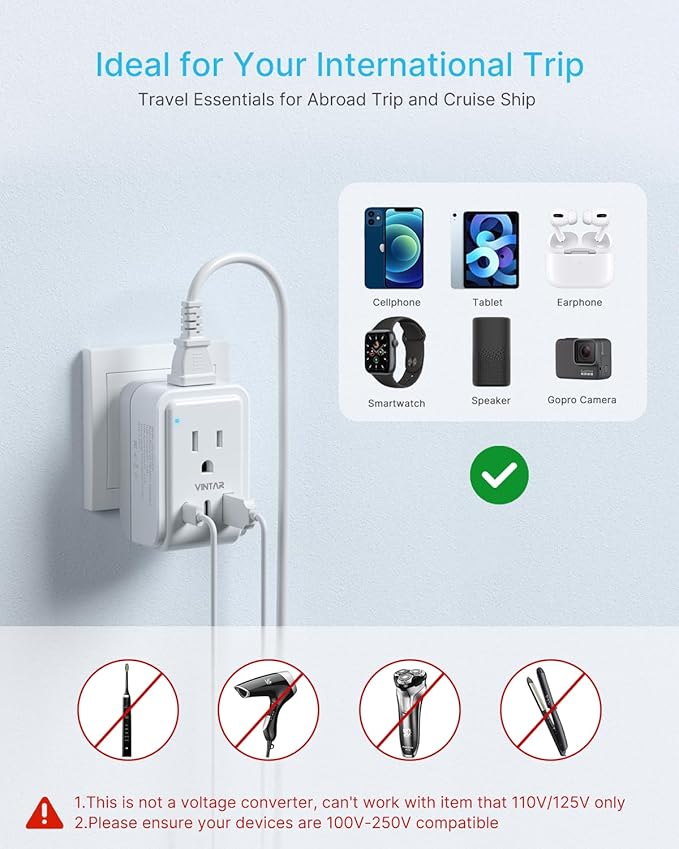 1 Pack European Travel Plug Adapter, VINTAR Foldable International Power Plug with 2 AC Outlets 3 USB Ports(2 USB C), Type C Travel Essentials Charger for US to Most of Europe EU Italy Spain France