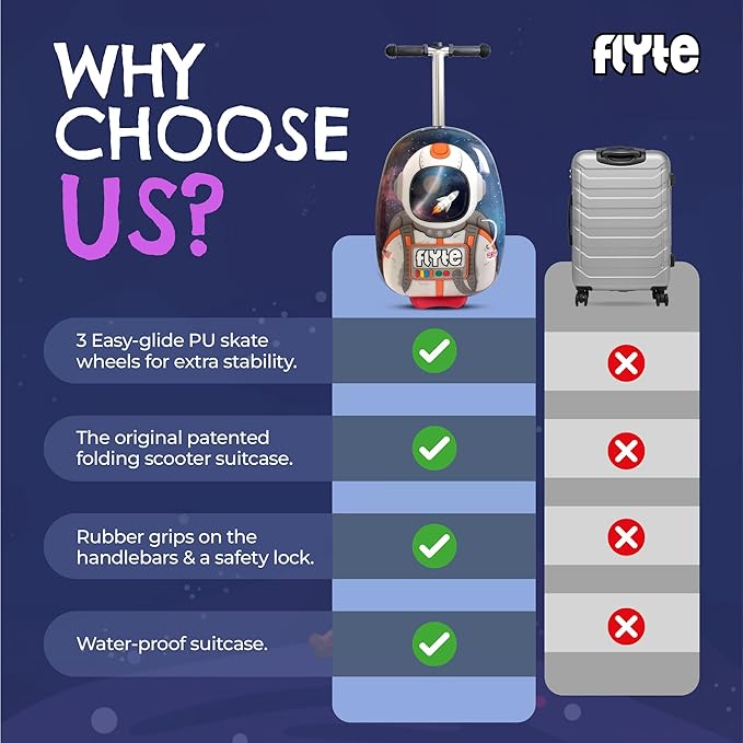 FLYTE Scooter Suitcase Folding Kids Luggage – Sammie the Spaceman, 18 Inch Hardshell, Ride On with Wheels, 2-in-1, 25 Litre Capacity