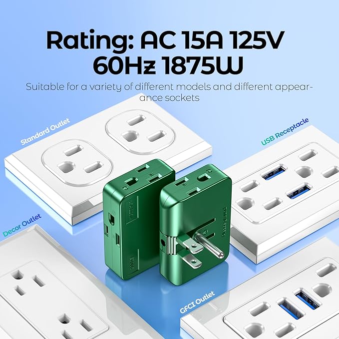 Green Outlet Splitter 3 Prong - Plug Extender with 3 Plug Wall Adapter, 2 to 3 & 3 to 2 Prong Converter, Safe Plugs for Electrical Outlet, 2 Pack