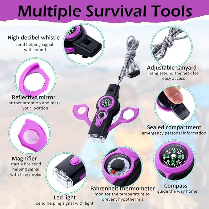 Arrowbash 12 Pack Emergency Survival Whistle 7-in-1 Compass Hiking Survival Safety Whistle with Lanyard Outdoor Multifunctional Tool Ideal for Hiking Camping Rescue Signaling