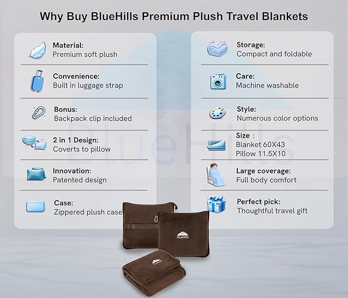BlueHills Premium Soft Travel Blanket Pillow Airplane Blanket Soft Bag Pillow case with Hand Luggage Belt and Backpack Clip Compact Pack Large Portable Throw Air Plane Flight Travel (Brown T009)