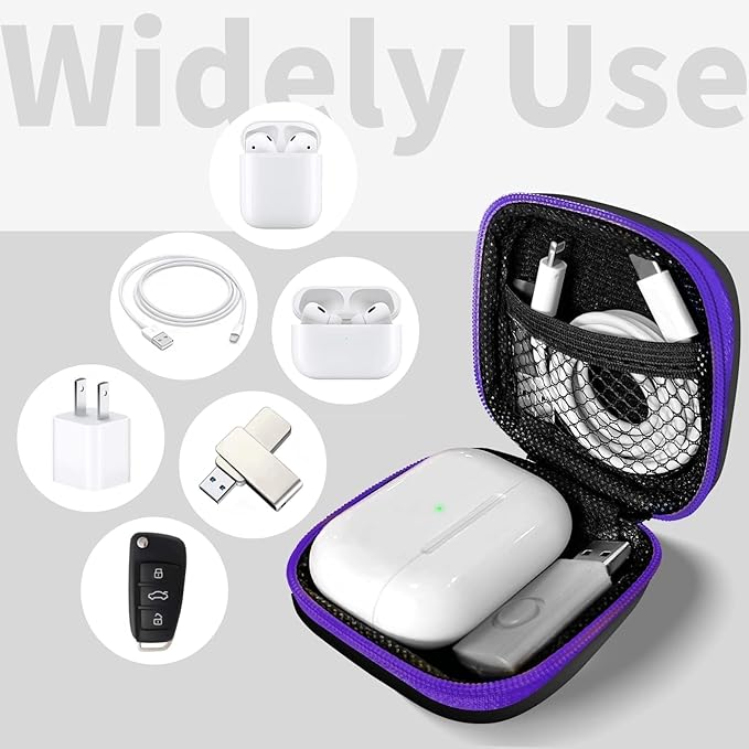Square Earbud Case Portable EVA Carrying Case Storage Bag Tech Pouch Cell Phone Accessories Organizer with Carabiner for Earphone, Earbud, Earpieces, SD Memory Card, Camera Chips, Purple