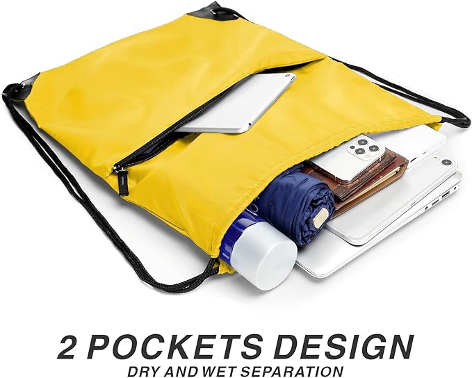 Drawstring Backpack Sports Water Resistant String Bag Sport Gym Sackpack for Women Men Large with Zipper, Yellow