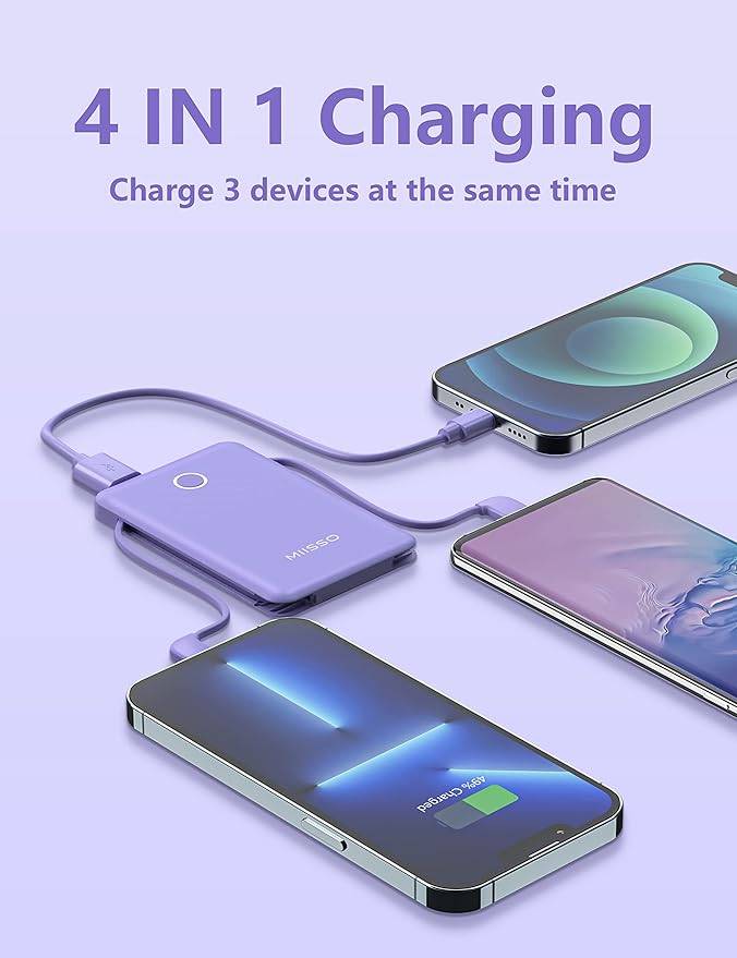 6000mah Ultra Slim Built in Cables Power Bank, Card Size Built in USB C Cords Battery Pack Portable Charger for Phones, 3 Output External Battery Pack Compatible with iPhone, 2-Pack White & Purple