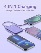 6000mah Ultra Slim Built in Cables Power Bank, Card Size Built in USB C Cords Battery Pack Portable Charger for Phones, 3 Output External Battery Pack Compatible with iPhone, 2-Pack White & Purple