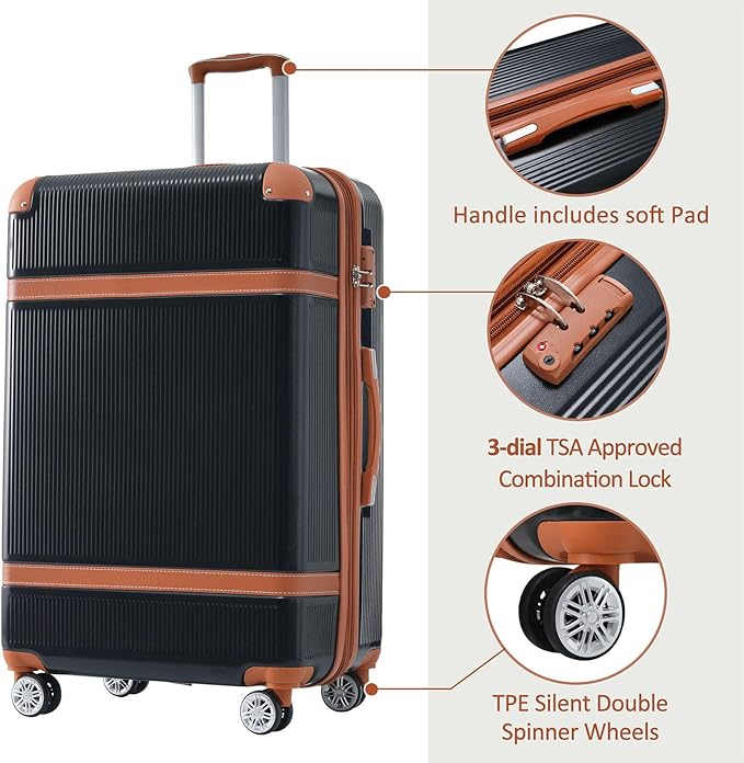 3 Piece Hardshell Luggage Sets 20"+24''+28" Black Expandable Hardside Luggages Spinner Suitcase with Spinner Wheels & TSA Lock,Lightweight Luggage Sets For Women Men Outdoor Travel