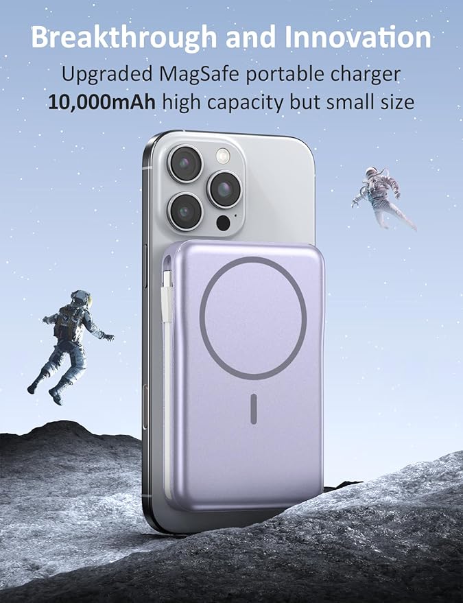 Aobbow Magnetic Portable Charger, 10000mAh Power Bank, 5 in 1 Portable Charger with Built in Cable, 20W Fast Charging for Magsafe Battery Pack Compatible with iPhone 17/16/15/14/13 Pro/Pro Max Series