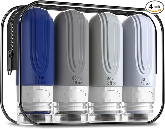 Mrsdry Travel Bottles for Toiletries, Tsa Approved 2oz Travel size Bottles, BPA Free Leak Proof Travels Toiletry Containers, Traveler Accessories with Toiletry Bag for Shampoo Liquid (4 Pack)