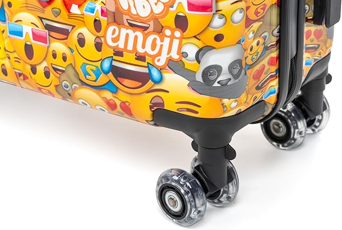 Younglingz LIL FLYER GO V2 x Emoji Ride On Suitcase for Kids | Carry On Luggage with Toddler Seat, Foldable Handlebars, Pedals, and Removable Wheels | Holds up to 80 lbs | Yellow Emoji | Ages 2-6
