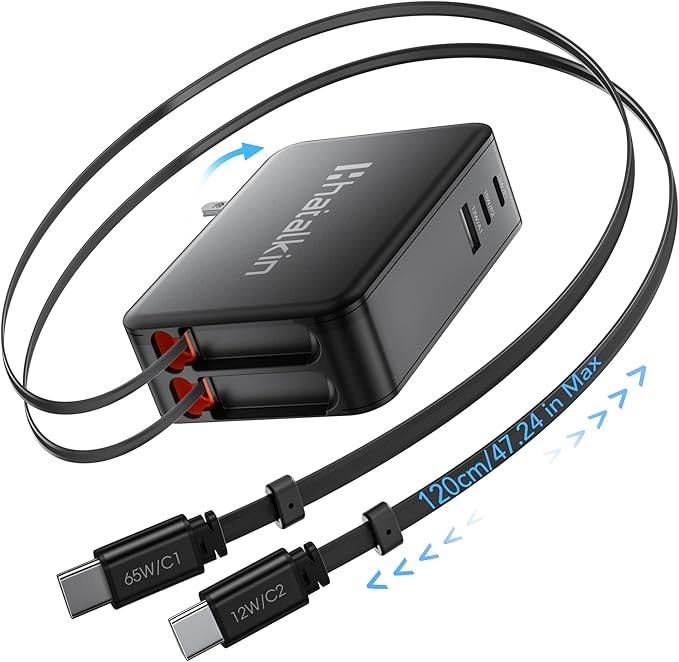 65W for MacBook Pro Charger,5-in-1 Retractable Wall Charger Plug for iPhone 17, Dual 3.94 ft PD USB C Cable&3 Ports, Fast Charging Block for Mac Book Pro/Air, M1 M2 M3 M4 M5, iPad Pro,Galaxy,Pixel