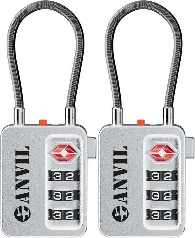 ANVIL TSA Locks for Luggage with Search Alert: Durable Cable Combination Locks, TSA Approved - Secure Travel Locks for Suitcases, Backpacks & Gun Cases.(2, Silver)