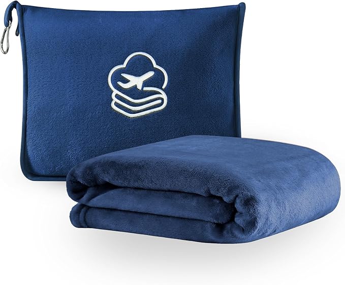 Travel Blanket, Soft 2-in-1 Airplane Blanket, 65x40 Inches, Travel Blanket Airplane Compact with Bag, Car Blanket with Luggage Sleeve & Backpack Clip (Navy Blue)