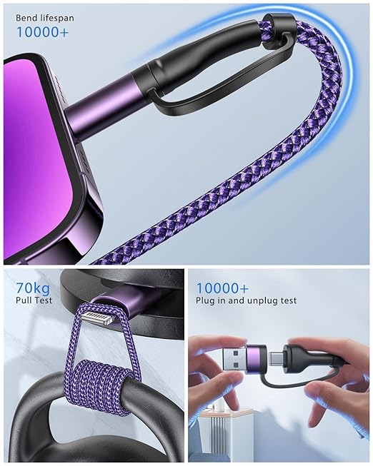 4 in 1 Charging Cable 60W 6FT Apple MFi Certified USB C to Lightning Cable Nylon Braided Multi iPhone Charger Cord USB C Cable for iPhone 17 16 15 14 Pro/Max/iPad/Samsung/MacBook/Carplay