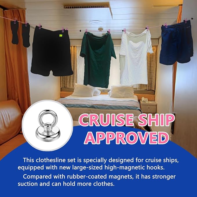 Magnetic Retractable Clothes Line for Cabin - Approved 2025 2026 Cruise Essentials Clothes Drying Rack Travel Clothesline with Clothespins -4 Luggage Tags Strong Magnets Hooks (Blue)
