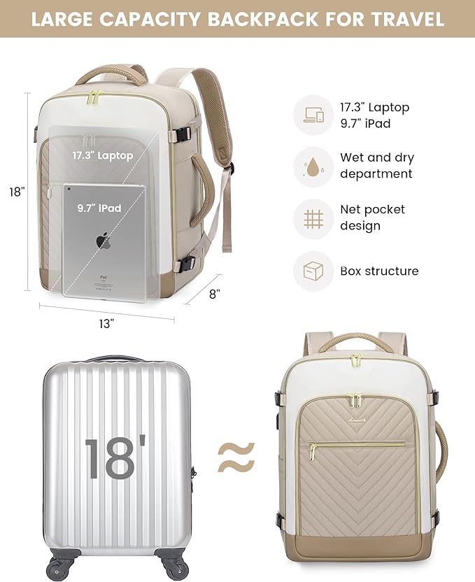LOVEVOOK Large Travel Backpack for Women, TSA Carry on Backpack for Airplanes, 40L Personal Item Travel Bag for Women fits 17" Laptop,Waterproof Carry on Bag Airplane Approved with 3 Packing Cubes