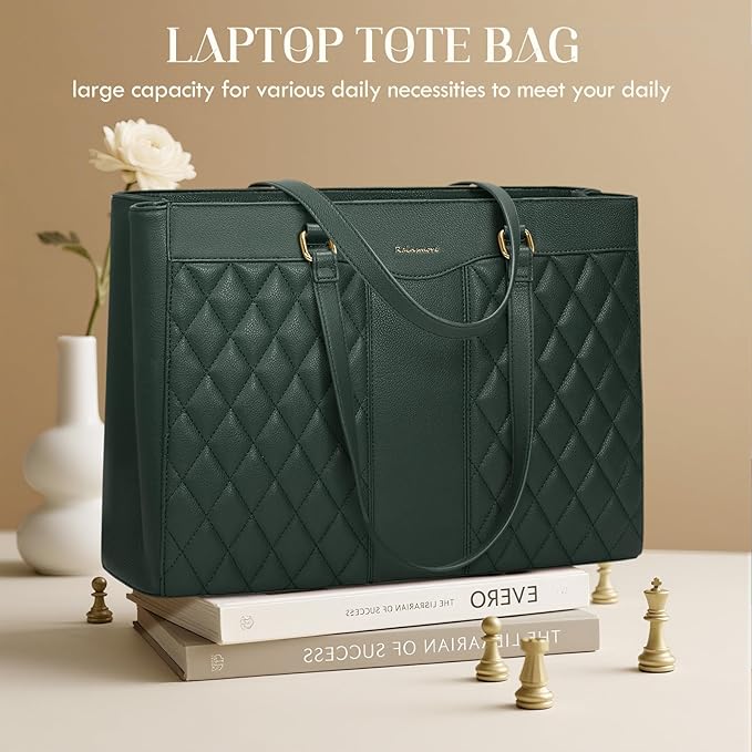 RAINSMORE Laptop Bag for Women 15.6 Inch Work Tote Bags Leather Laptop Tote Professional Laptop Purse Computer Handbag Womens Briefcase Tote with Clutch for Teacher Office Travel, Dark Green