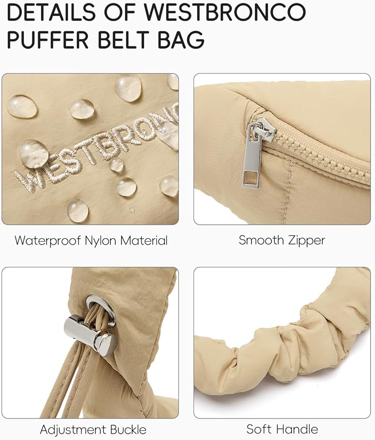 WESTBRONCO Puffer Fanny Packs for Women Small Crossbody Sling Bag, Nylon Quilted Belt Bag for Travel Hiking Running Waist Bag with Adjustable Strap
