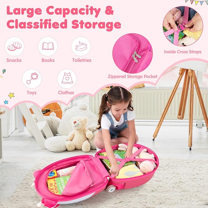 Goplus Kids Luggage, 16’’ Carry on Suitcase with LED Wheels, Waterproof Hard Shell, Lightweight Rolling Luggage for Travel, Birthday Christmas Gifts for Toddlers, Children, Boys, Girls (Pink)