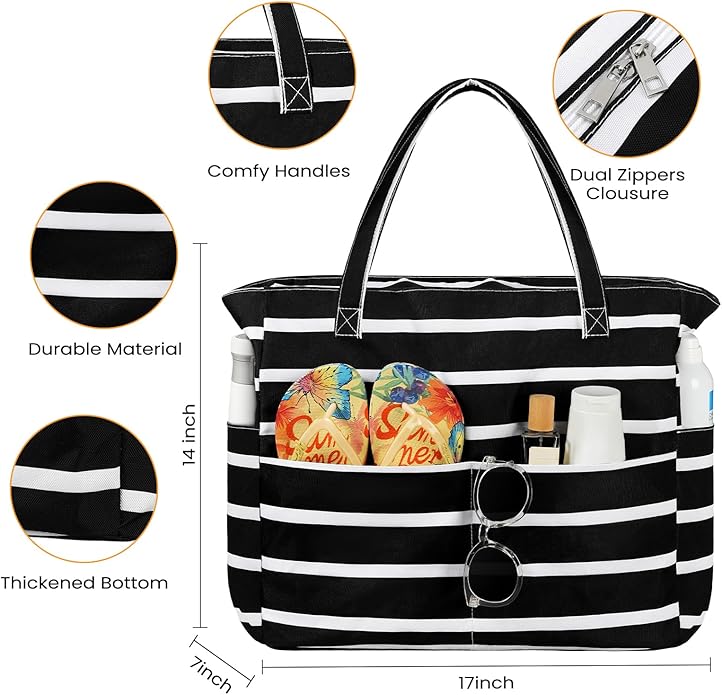 Trifabricy Beach Bags for Women Waterproof Sandproof Women Tote Bag, Large Beach Bag with Zipper for Gym Travel Vocation