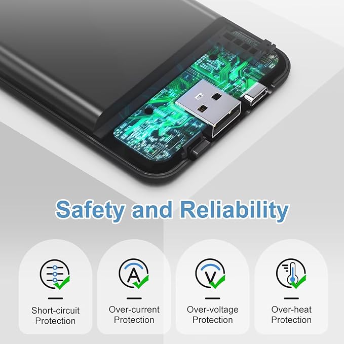 KOVNLO Battery Pack for Heated Vest, 5V 2A 10000mAh USB Power Bank with USB-C Charging Cable, Ultra Thin Portable Charger for Heated Jacket,iPhone, Android