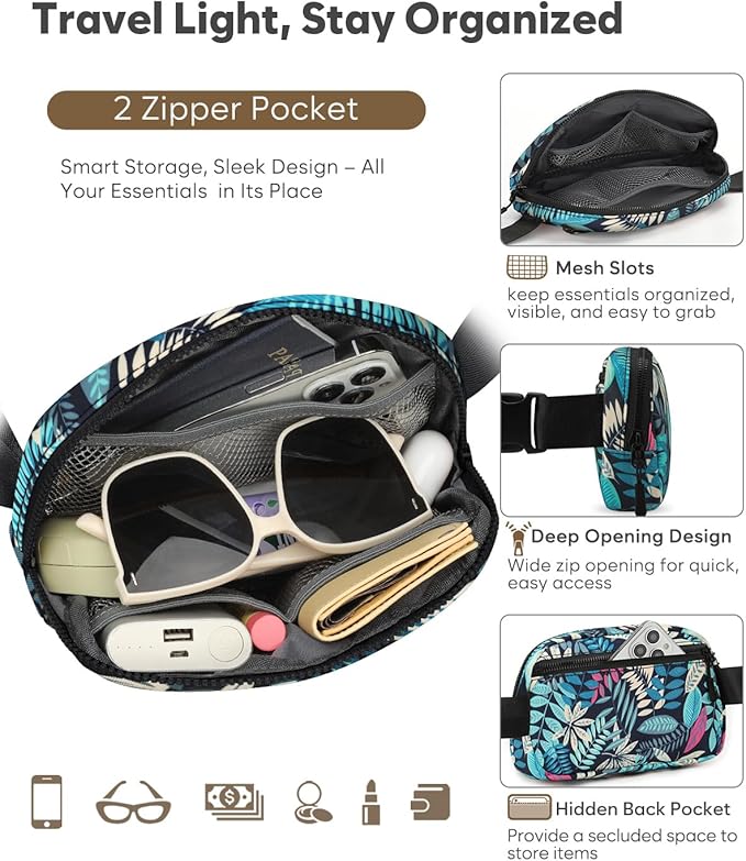 Pritent Fanny Packs for Women Cross Body Bag Waterproof Belt Bag with Adjustable Strap and Zipper Back Pocket Small Crossbody Bags Fashion Waist Packs for Workout Travelling(Tropical Leaf)
