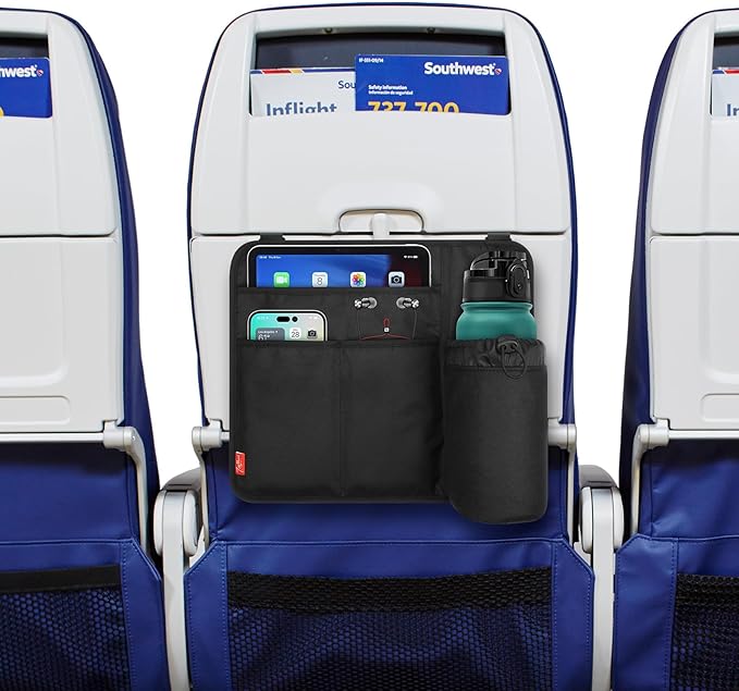Airplane Seat Back Organizer & Storage, Airplane Tray Table Cover for Personal Items, Airline Seat Hanging Pockets Media Pouch,Reusable Travel Essentials, Fits Tablets, Cell Phone,Water Bottle (Black)