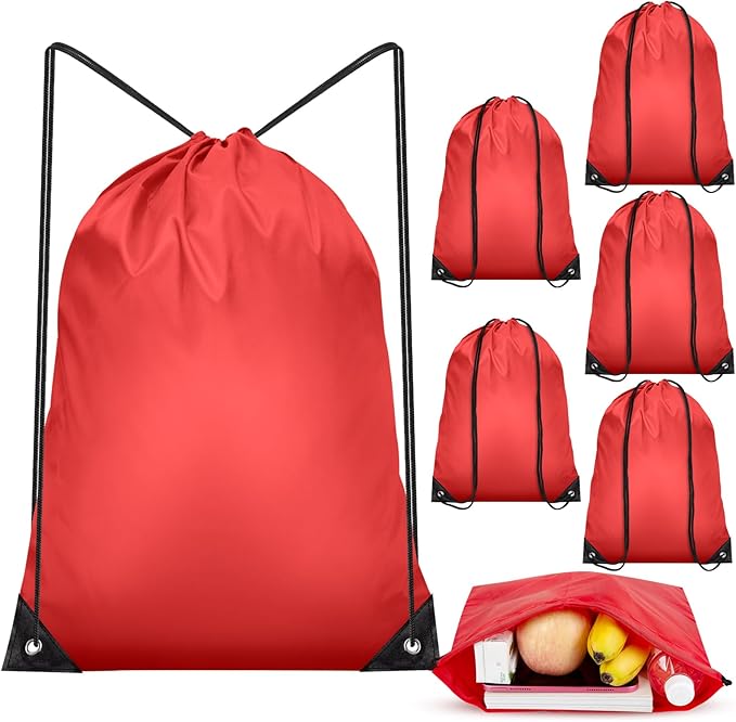 IKAYAS 6Pcs Drawstring Bags Bulk Red Drawstring Backpack, String Backpack Cinch Sack Sport Gym Backpack Bags for Yoga Traviling Outdoor Sports