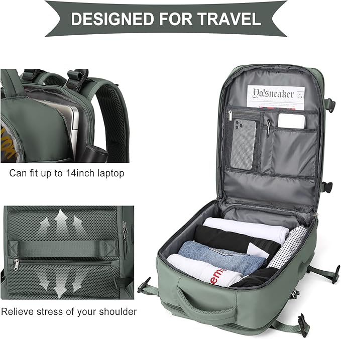 WONHOX Large Travel Backpack Women, Carry On Backpack,Hiking Backpack Waterproof Outdoor Sports Rucksack Casual Daypack with USB Charging Port Shoes Compartment, Dark Green
