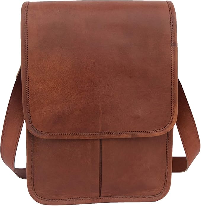 Genuine Vintage Leather Crossbody Messenger Bag, Slim Vertical Messenger Bag Fits 13 Inch Laptop, Unisex Shoulder Bag with Adjustable Straps and Brass Accessories, Brown