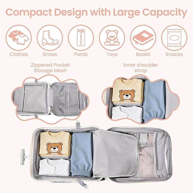 Kids Ride On Luggage with Seat, 20 inch Carry On Suitcase, 2-in-1 Children's Luggage with Spinner Wheels Detachable Seat and Safety Guardrail for Airplane & Travels