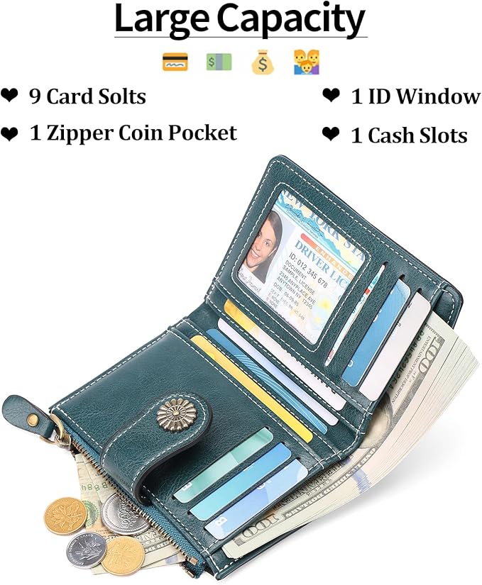 Small Wallet for Women Bifold Credit Card Holder RFID Blocking with Zipper Pocket