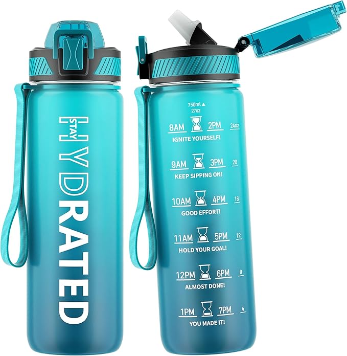 QLUR Water Bottle with Straw, 27oz Motivational Water Bottles with Time Marker to Drink, Tritan BPA Free, 750ml Sports Water Bottle with Carry Strap LeakProof for School Fitness Outdoor (1Pack)