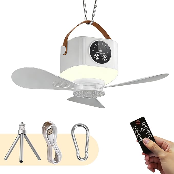Battery Operated Ceiling Fan&desktop fan 11" PortableCamping RV Tent Fan with Light & Remote - Hanging & desktop Rechargeable Remote Fans for Gazebo Patio Canopy BeachDormitory Bedroom