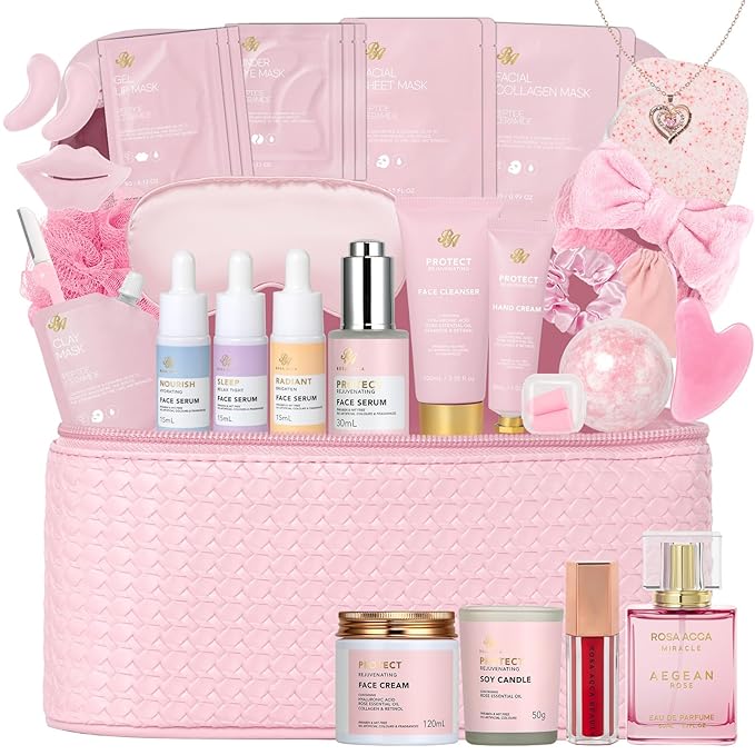 33 Pcs Mother's Day Gift for Mom, Rose Facial Skin Care Set, Bath & Body Spa Basket for Women, Beauty Care Kit, Makeup Bag, Face Serum, Christmas, Birthday, Christmas, Anniversary