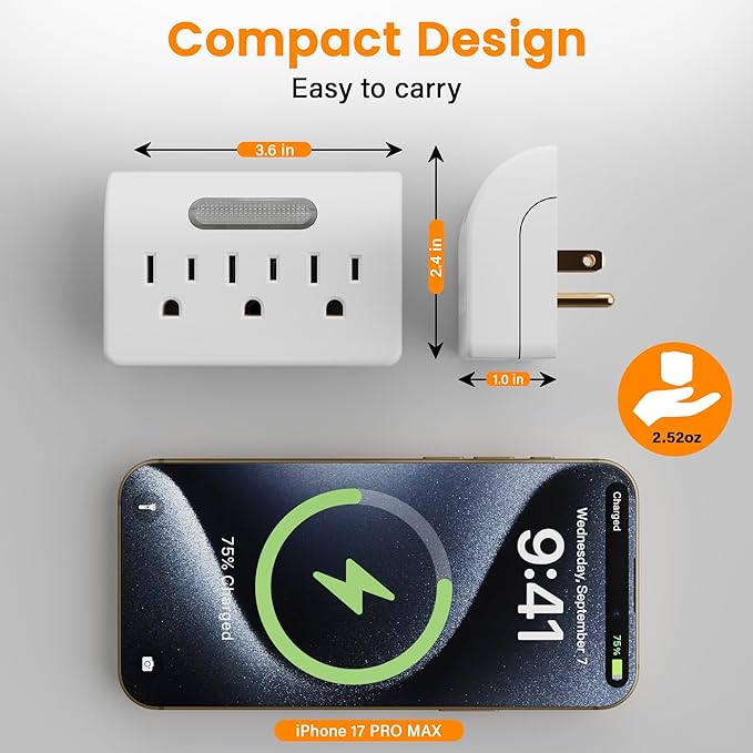 3-Outlet Extender, 3-Prong Grounded Wall Tap Adapter with LED Guide Light, 1875W Multiple Plug Electrical Outlets Splitter for Home, Office, Hotel, Travel, Cruise Essentials, ETL Listed, White