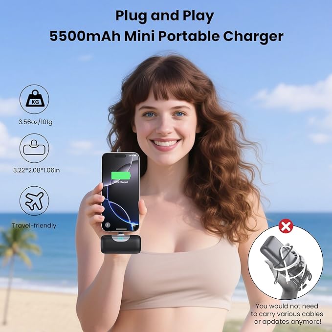 [2 Packs]Mini Portable Charger for iPhone 17/16,5500mAh LCD Display USB C Power Bank,Fast Phone Charging Travel Pocket Size Battery Pack for iPhone 17/17 Pro Max/Air/16/15 Series,Android(Black+Navy)
