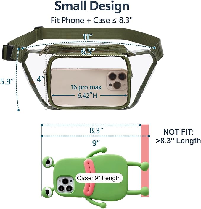 Veckle Clear Fanny Pack Stadium Approved - Adjustable 33-47 Inch Strap, Transparent Belt Bag for Women Men Fits 7.5-inch Smartphone, Waist Bag Clear Bag for Stadium Events, Sport, Concerts, Green